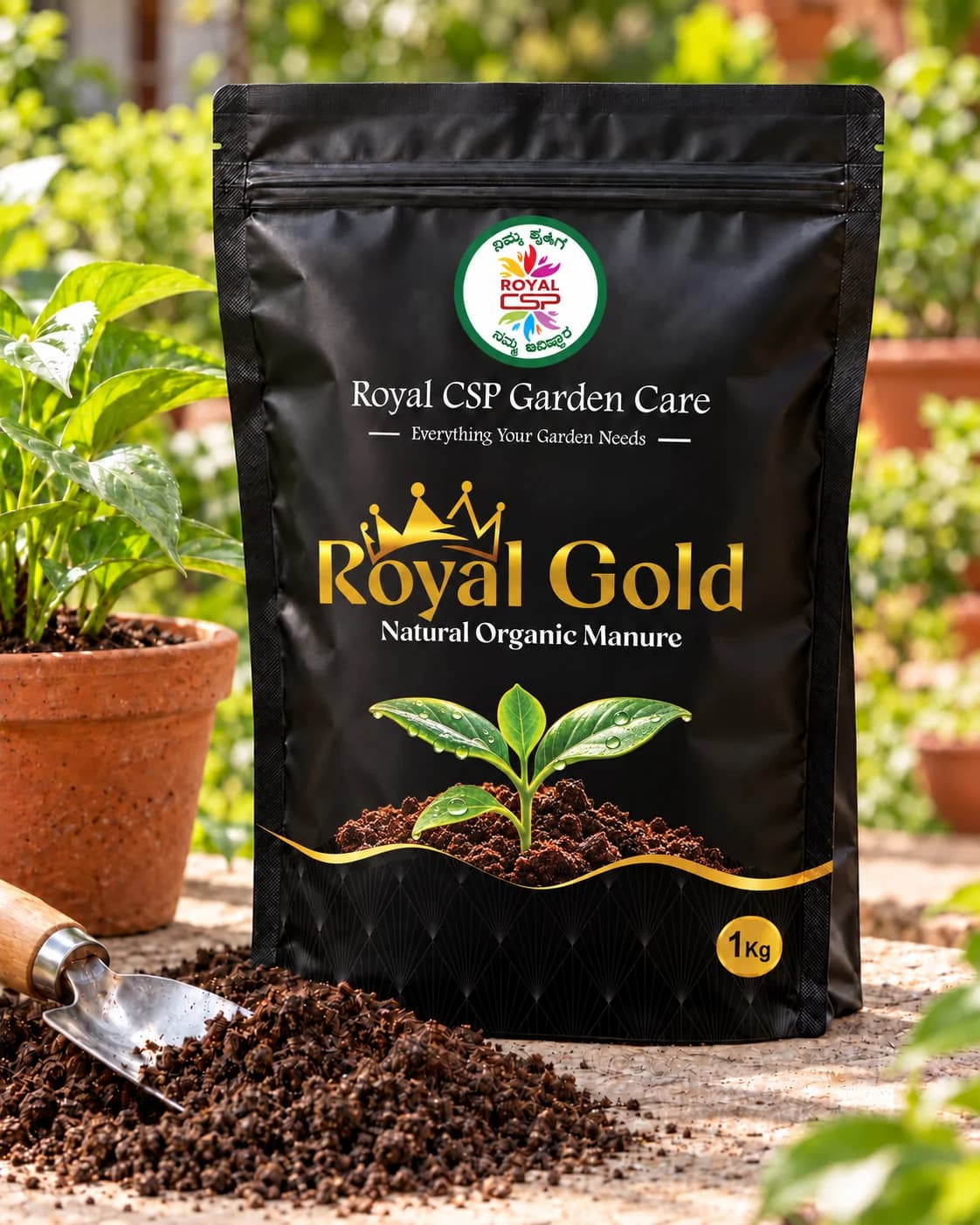 Royal Gold organic manure pouch among potted plants in warm sunlight